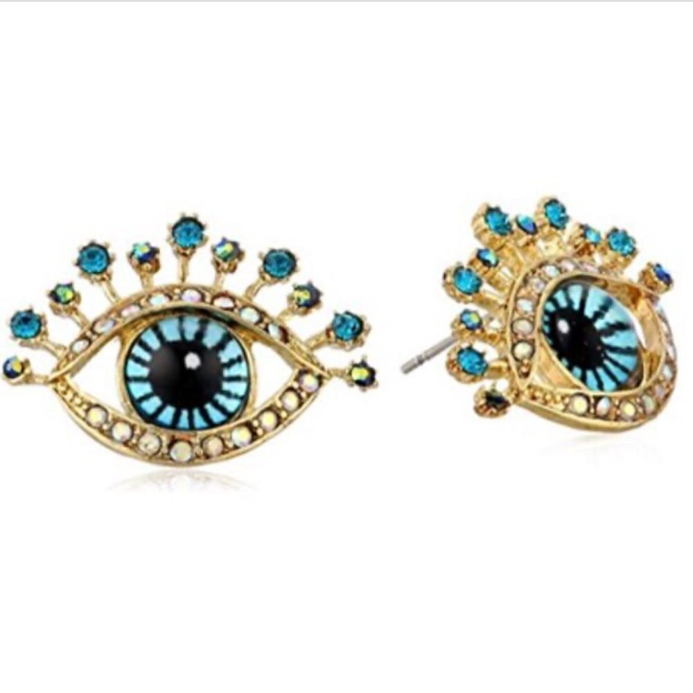Betsey Johnson Eye Stud Earrings with Blue Crystals and Stones in Goldtone Metal